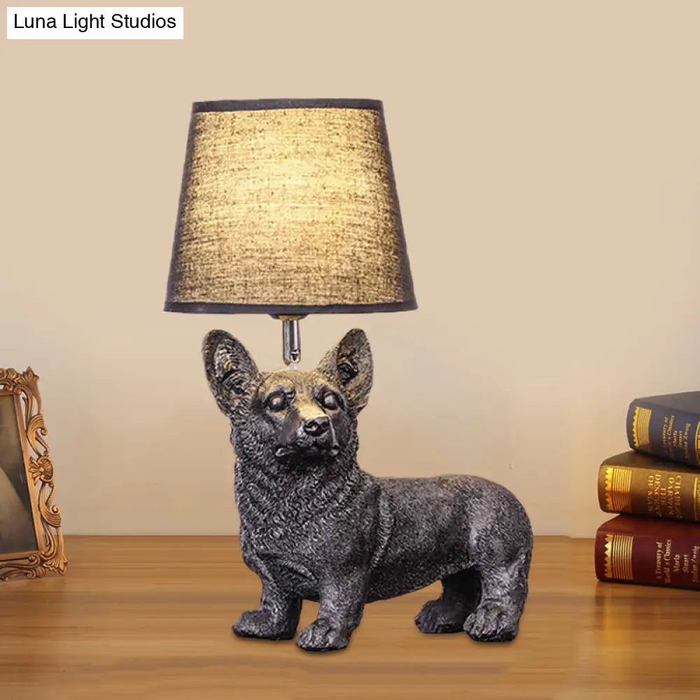 Sitting/Standing Dog Night Table Light - Creative Resin 1 Head Black Lamp With Barrel Fabric Shade