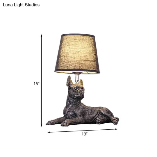 Sitting/Standing Dog Night Table Light - Creative Resin 1 Head Black Lamp With Barrel Fabric Shade