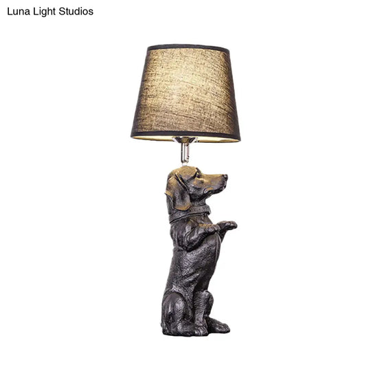 Sitting/Standing Dog Night Table Light - Creative Resin 1 Head Black Lamp With Barrel Fabric Shade