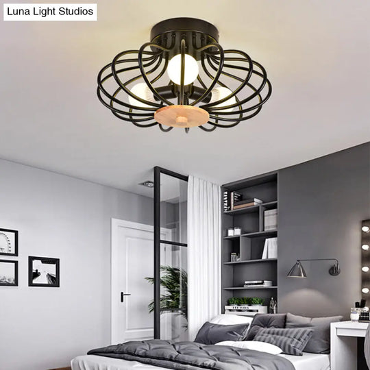 Melon Cage Metal Ceiling Light For Restaurant Stairway - Contemporary Flush Mount Design 3 / Black