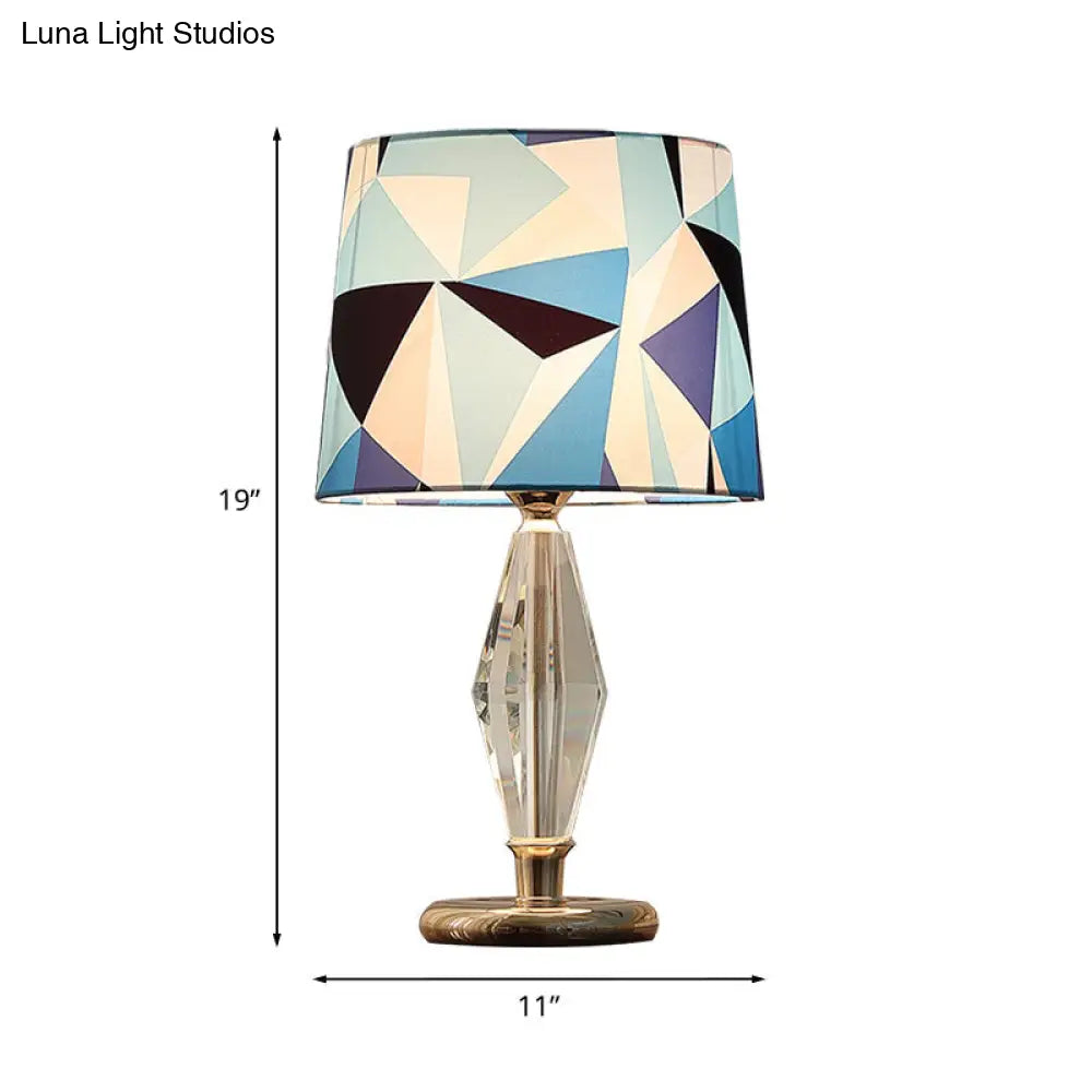 Blue Patchwork Fabric Table Lamp With Crystal Accent | Modern Bedroom Nightstand Light