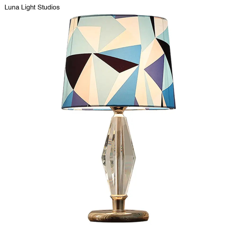 Menchib - Blue Patchwork Fabric Table Lamp Modern 1 Bulb Bedroom Nightstand Light In With Crystal