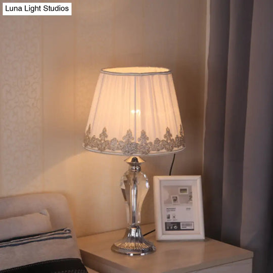 Tapered Pleated Shade Crystal Table Lamp - Traditional Design White Finish Clear