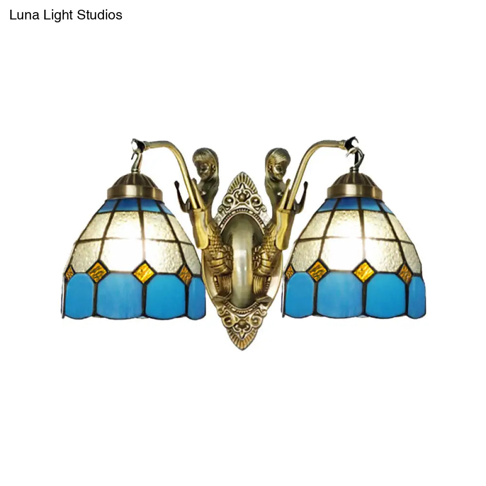 Mermaid 2-Head Stained Glass Wall Sconce In Tiffany Dark Blue/White & Orange/White With Grid Pattern