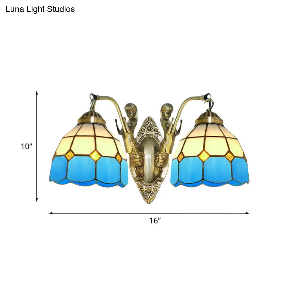 Mermaid 2-Head Stained Glass Wall Sconce In Tiffany Dark Blue/White & Orange/White With Grid Pattern