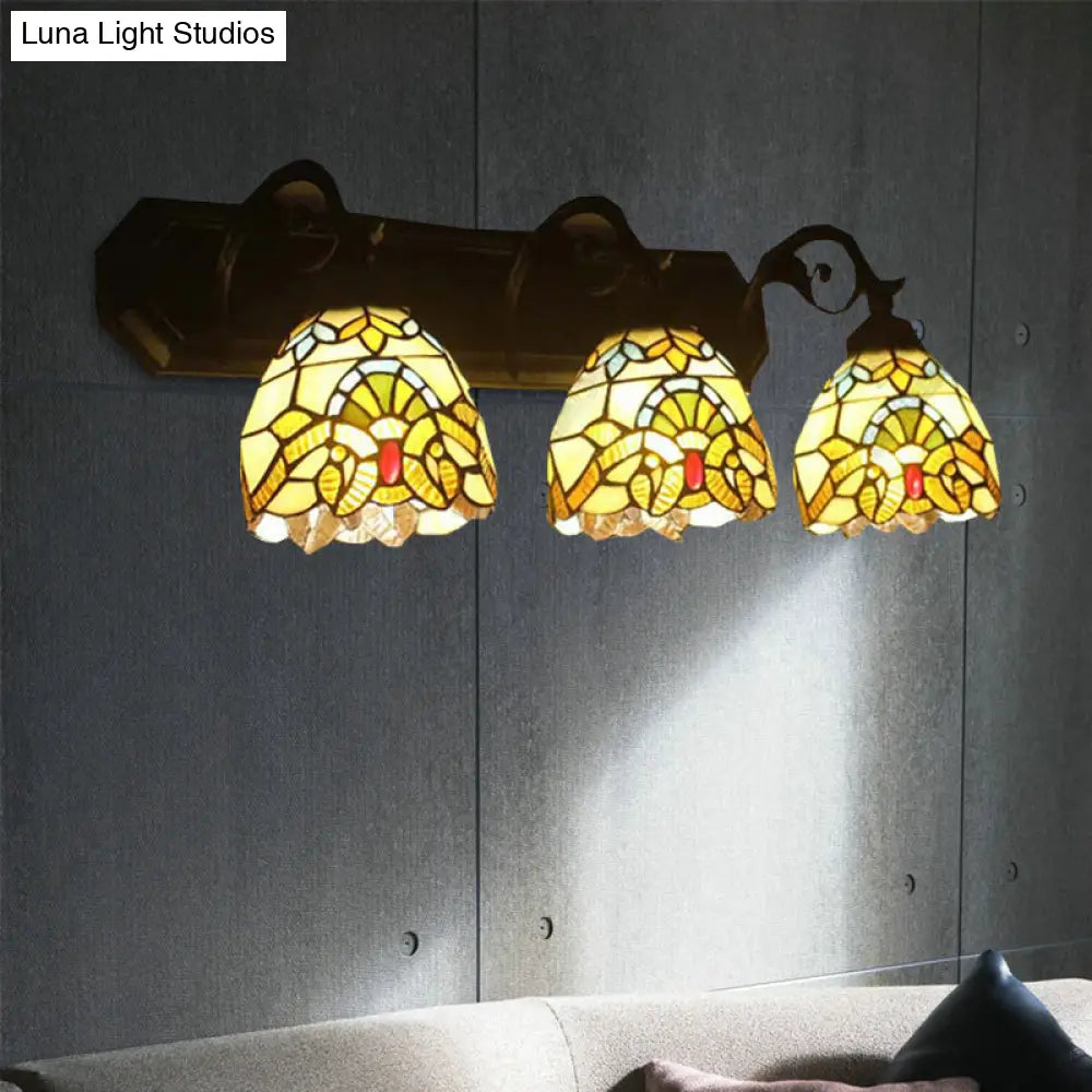 Mermaid/Arc Arm Baroque Style Stained Glass Wall Sconce Light Fixture With 3 Dome Lights - Brown