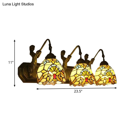 Mermaid/Arc Arm Baroque Style Stained Glass Wall Sconce Light Fixture With 3 Dome Lights - Brown