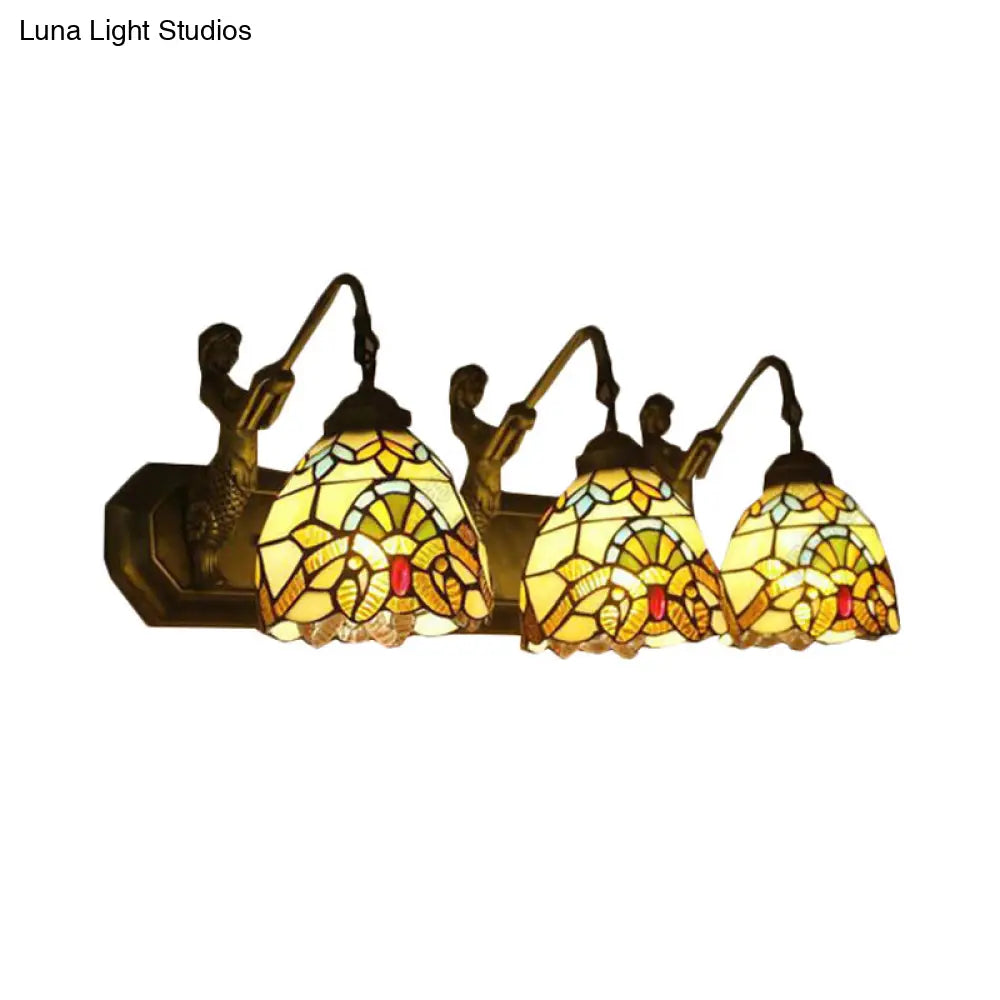 Mermaid/Arc Arm Baroque Style Stained Glass Wall Sconce Light Fixture With 3 Dome Lights - Brown