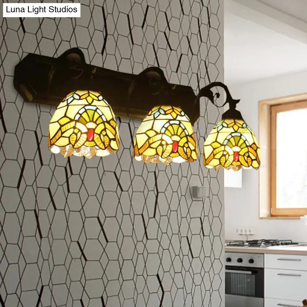 Mermaid/Arc Arm Baroque Style Stained Glass Wall Sconce Light Fixture With 3 Dome Lights - Brown