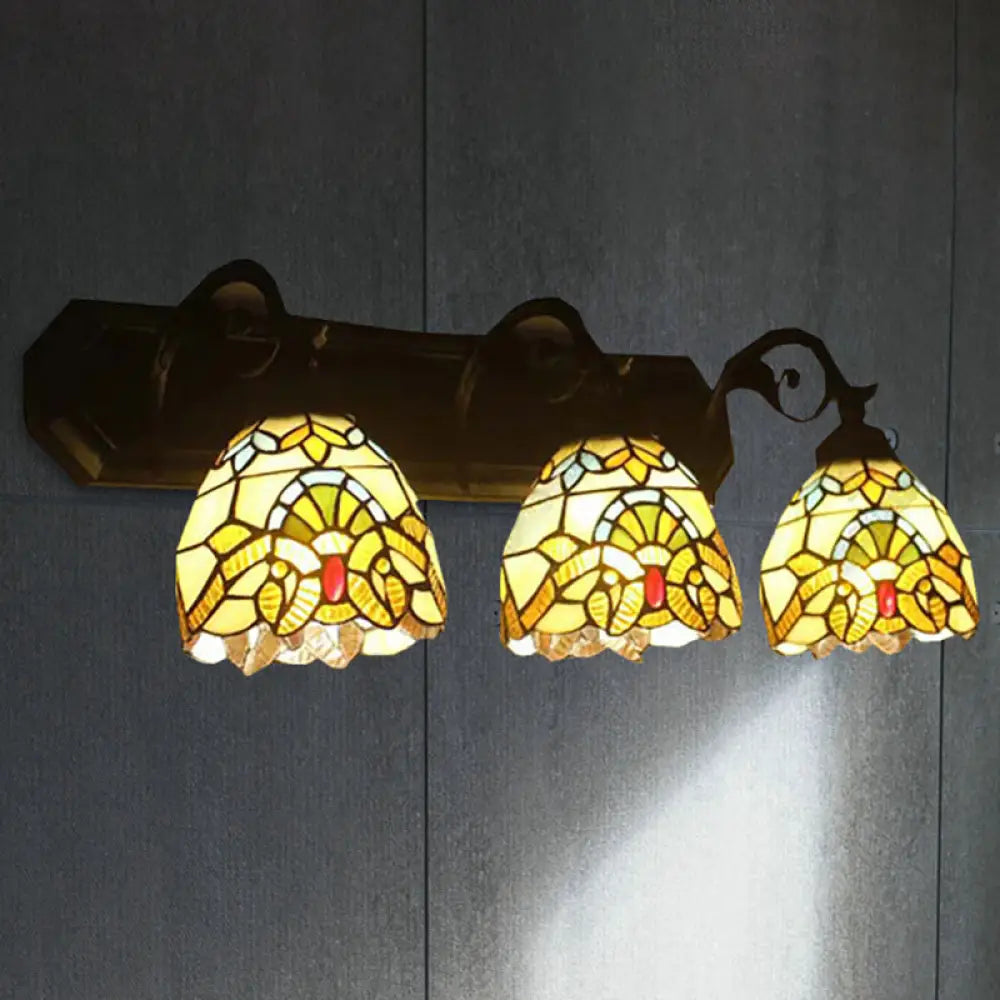 Mermaid/Arc Arm Baroque Style Stained Glass Wall Sconce Light Fixture With 3 Dome Lights - Brown /