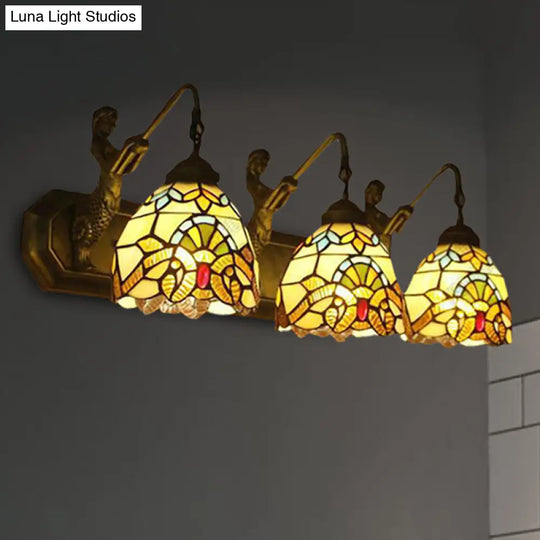 Mermaid/Arc Arm Baroque Style Stained Glass Wall Sconce Light Fixture With 3 Dome Lights - Brown