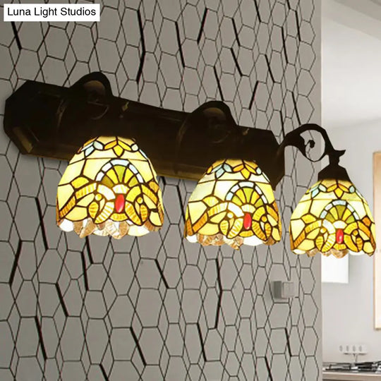 Mermaid/Arc Arm Baroque Style Stained Glass Wall Sconce Light Fixture With 3 Dome Lights - Brown