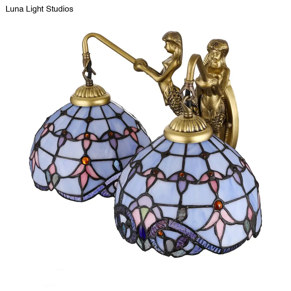 Mermaid Backplate Brass Sconce Light With Blue Glass Dome - Mediterranean Wall Mount 2 Heads