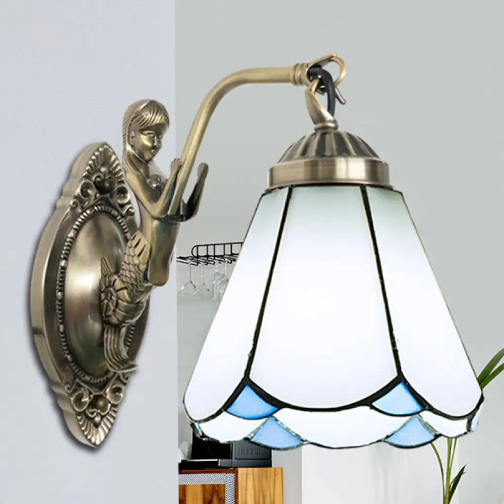 Mermaid Backplate Conical Wall Sconce Lighting In Mission White/Beige Glass - Elegant Mount Light