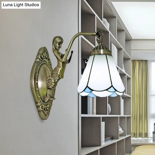 Mermaid Backplate Conical Wall Sconce Lighting In Mission White/Beige Glass - Elegant Mount Light