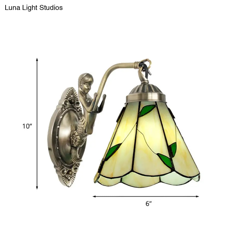 Mermaid Backplate Conical Wall Sconce Lighting In Mission White/Beige Glass - Elegant Mount Light