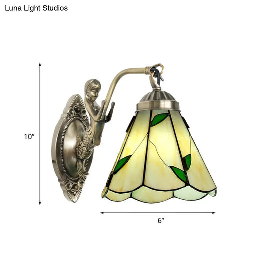 Mermaid Backplate Conical Wall Sconce Lighting In Mission White/Beige Glass - Elegant Mount Light