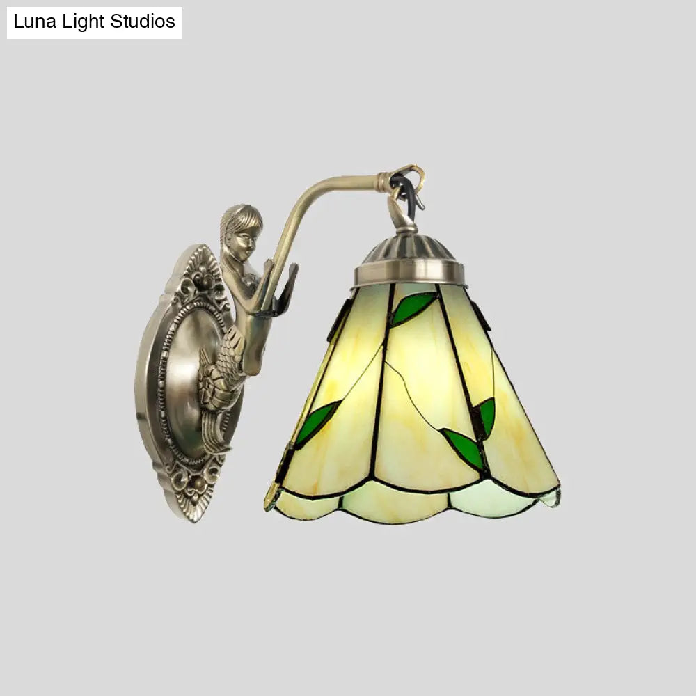 Mermaid Backplate Conical Wall Sconce Lighting In Mission White/Beige Glass - Elegant Mount Light