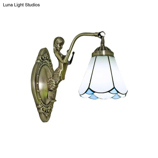 Mermaid Backplate Conical Wall Sconce Lighting In Mission White/Beige Glass - Elegant Mount Light