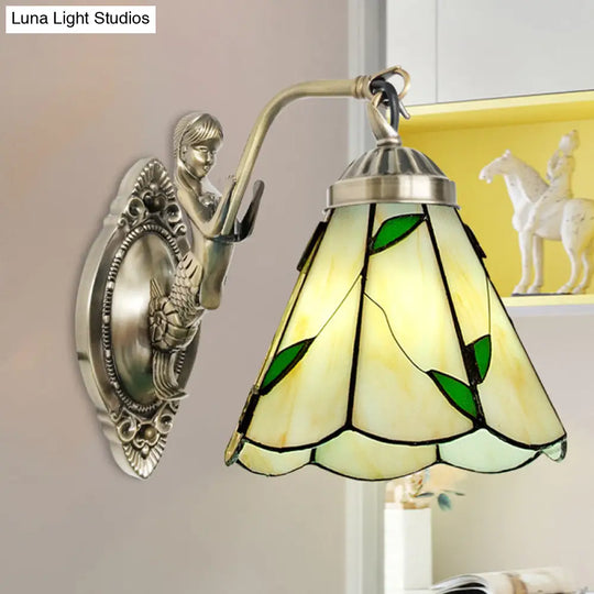 Mermaid Backplate Conical Wall Sconce Lighting In Mission White/Beige Glass - Elegant Mount Light