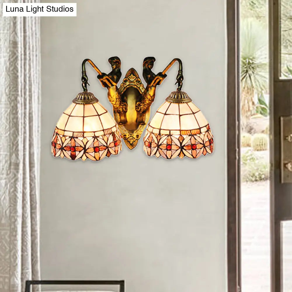 Mermaid Backplate Sconce Light Fixture With 2 Beige Tiffany Bowl Shell Heads