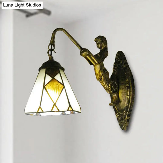 Mermaid Backplate Tiffany Cone Wall Sconce Light With Beige Glass