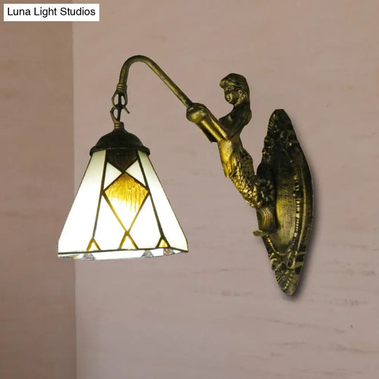 Mermaid Backplate Tiffany Cone Wall Sconce Light With Beige Glass