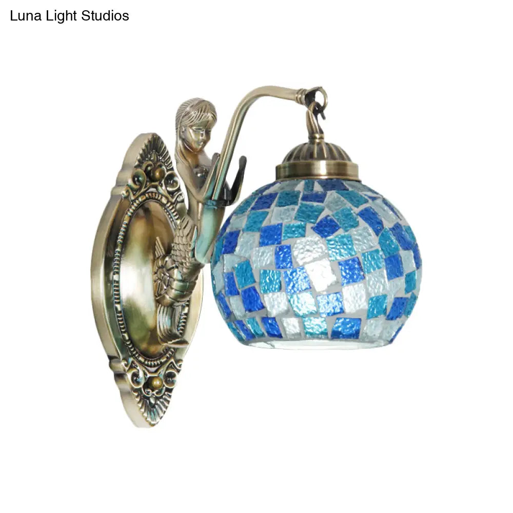 Mermaid Design Tiffany Wall Light Fixture: Stunning Blue Cut Glass 1/2-Bulb Lamp