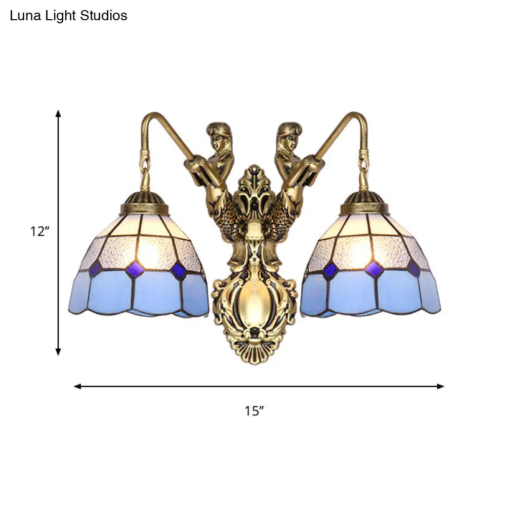 Mermaid Tiffany Wall Sconce - Blue Glass Brass Dome Light Fixture With 2 Heads