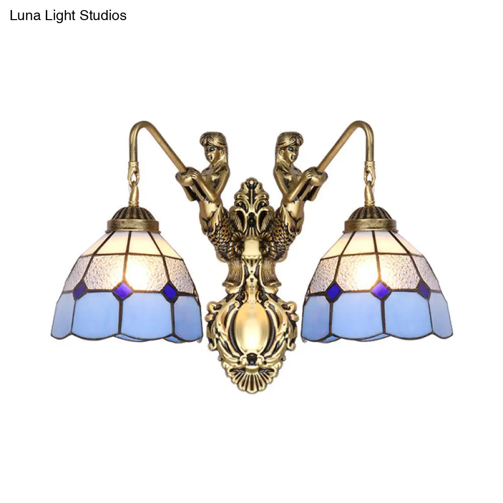 Mermaid Tiffany Wall Sconce - Blue Glass Brass Dome Light Fixture With 2 Heads