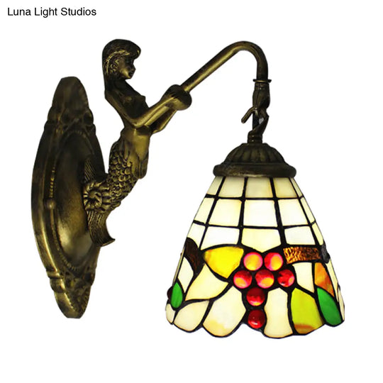 Mermaid Wall Sconce With Fruit Pattern Stained Glass- 1-Light Mini Mount