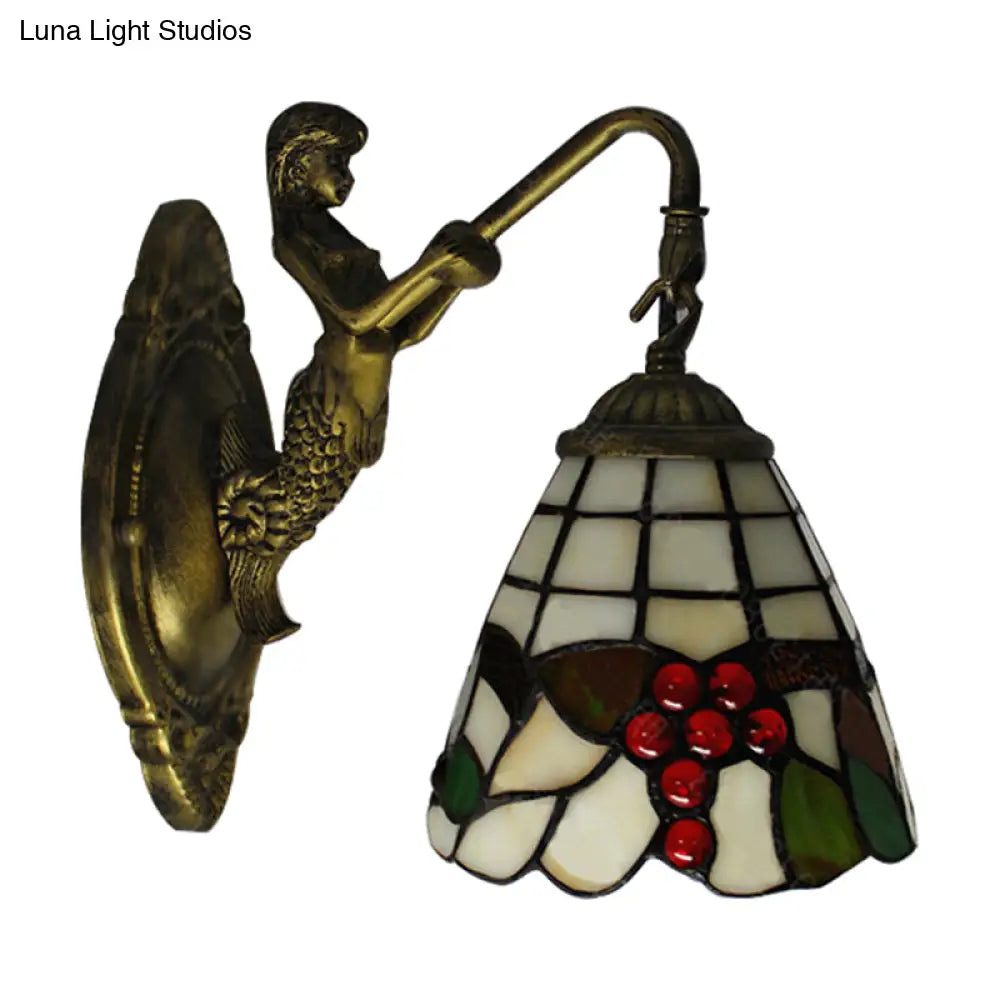 Mermaid Wall Sconce With Fruit Pattern Stained Glass- 1-Light Mini Mount