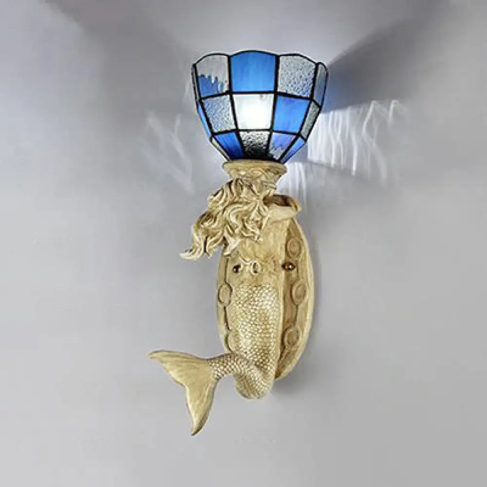 Mermaid Wall Sconce With Grid Glass Shade And Lodge Mount - White/Blue Blue