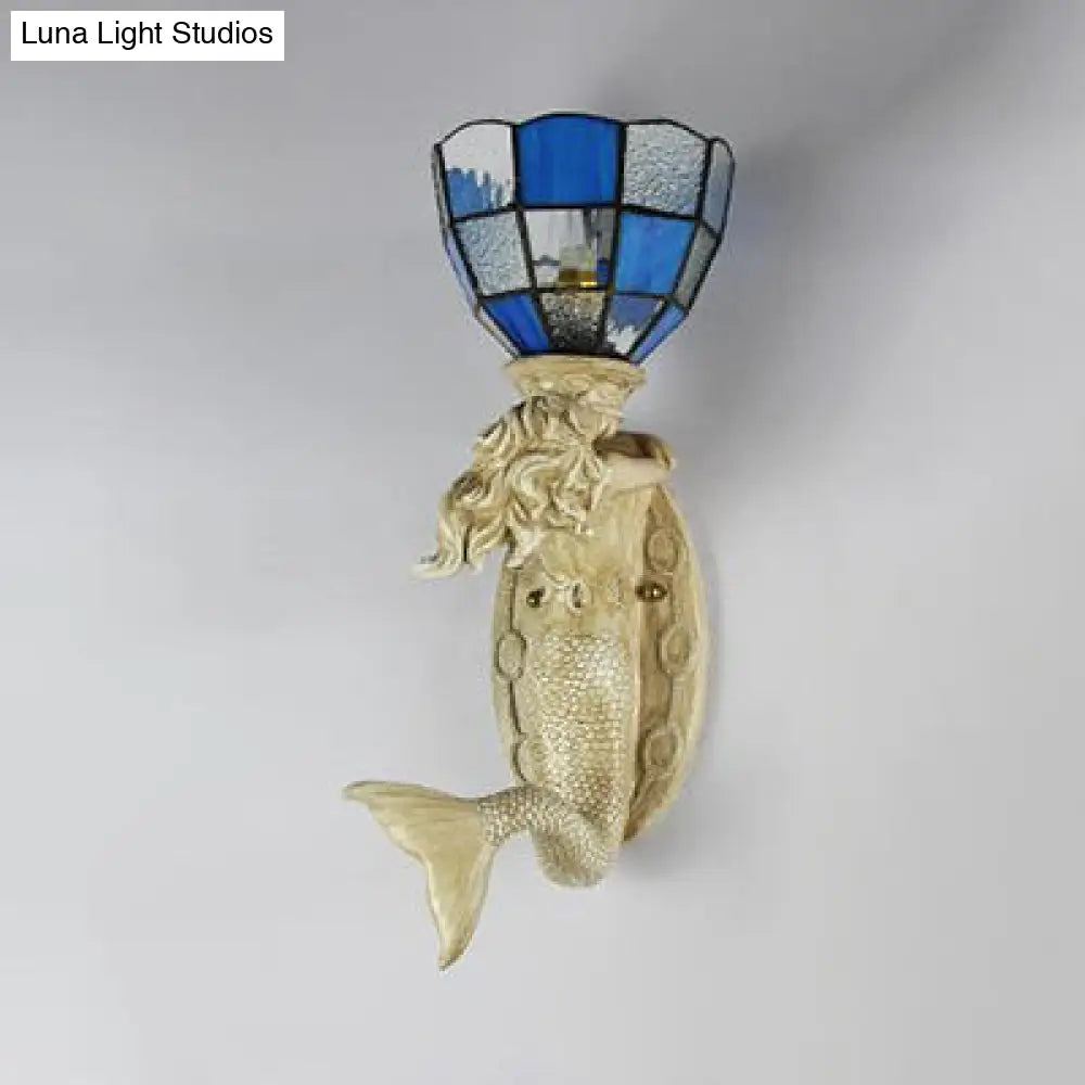 Mermaid Wall Sconce With Grid Glass Shade And Lodge Mount - White/Blue