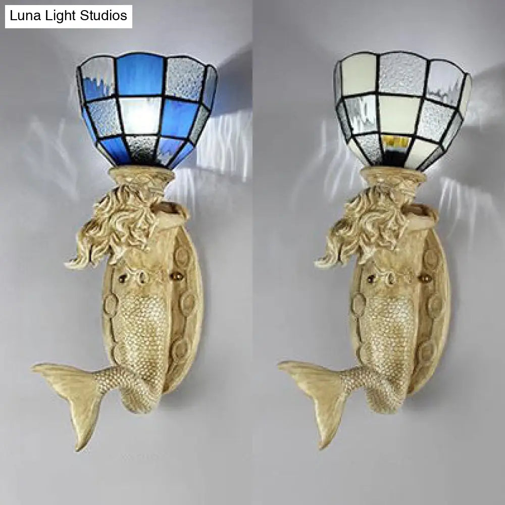 Mermaid Wall Sconce With Grid Glass Shade And Lodge Mount - White/Blue