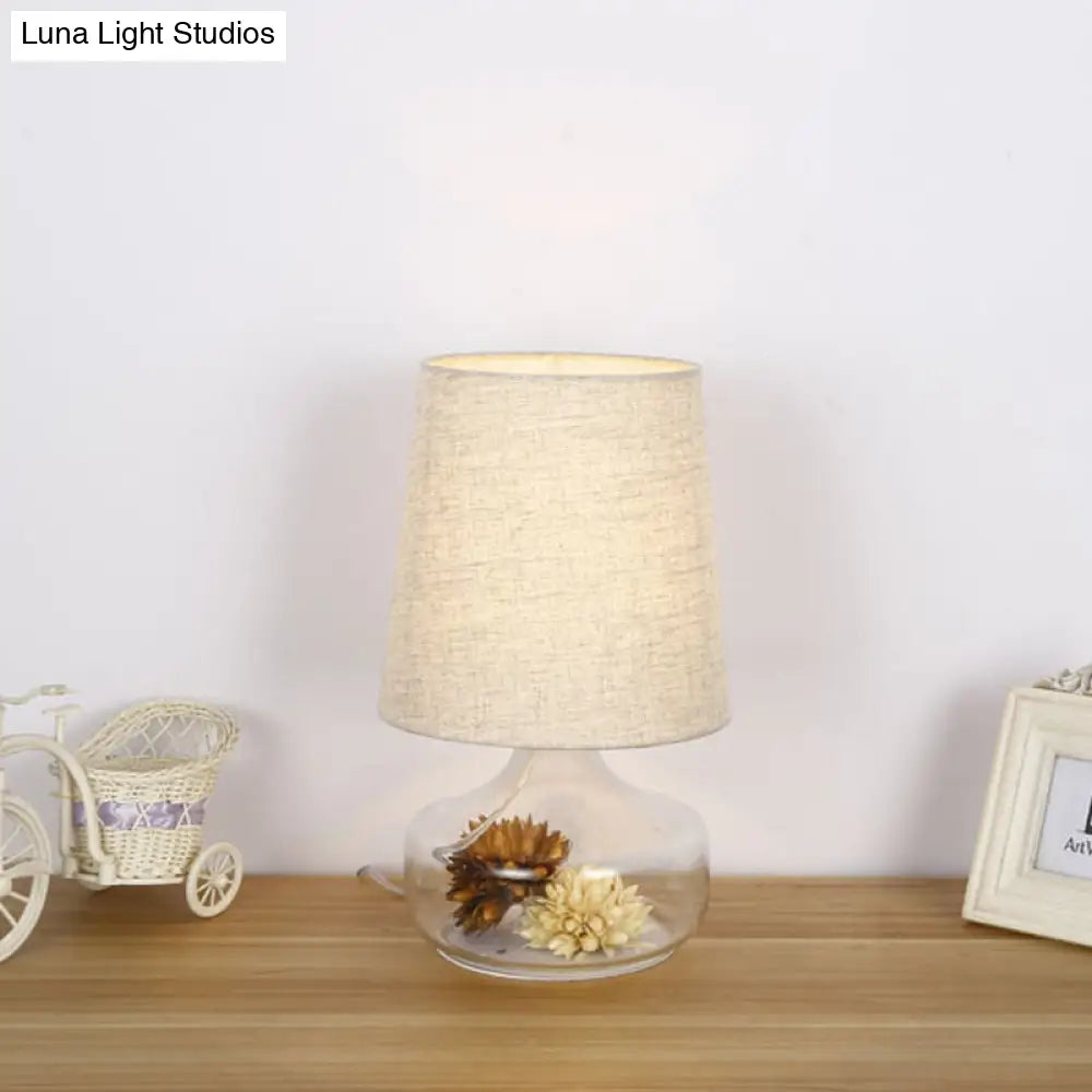 Pastoral Cream Gray Fabric Desk Lamp With Clear Glass Base - Bedroom Night Light