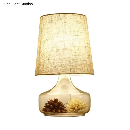 Pastoral Cream Gray Fabric Desk Lamp With Clear Glass Base - Bedroom Night Light