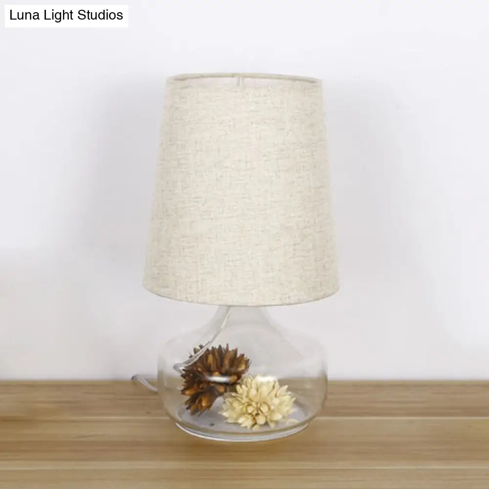 Pastoral Cream Gray Fabric Desk Lamp With Clear Glass Base - Bedroom Night Light