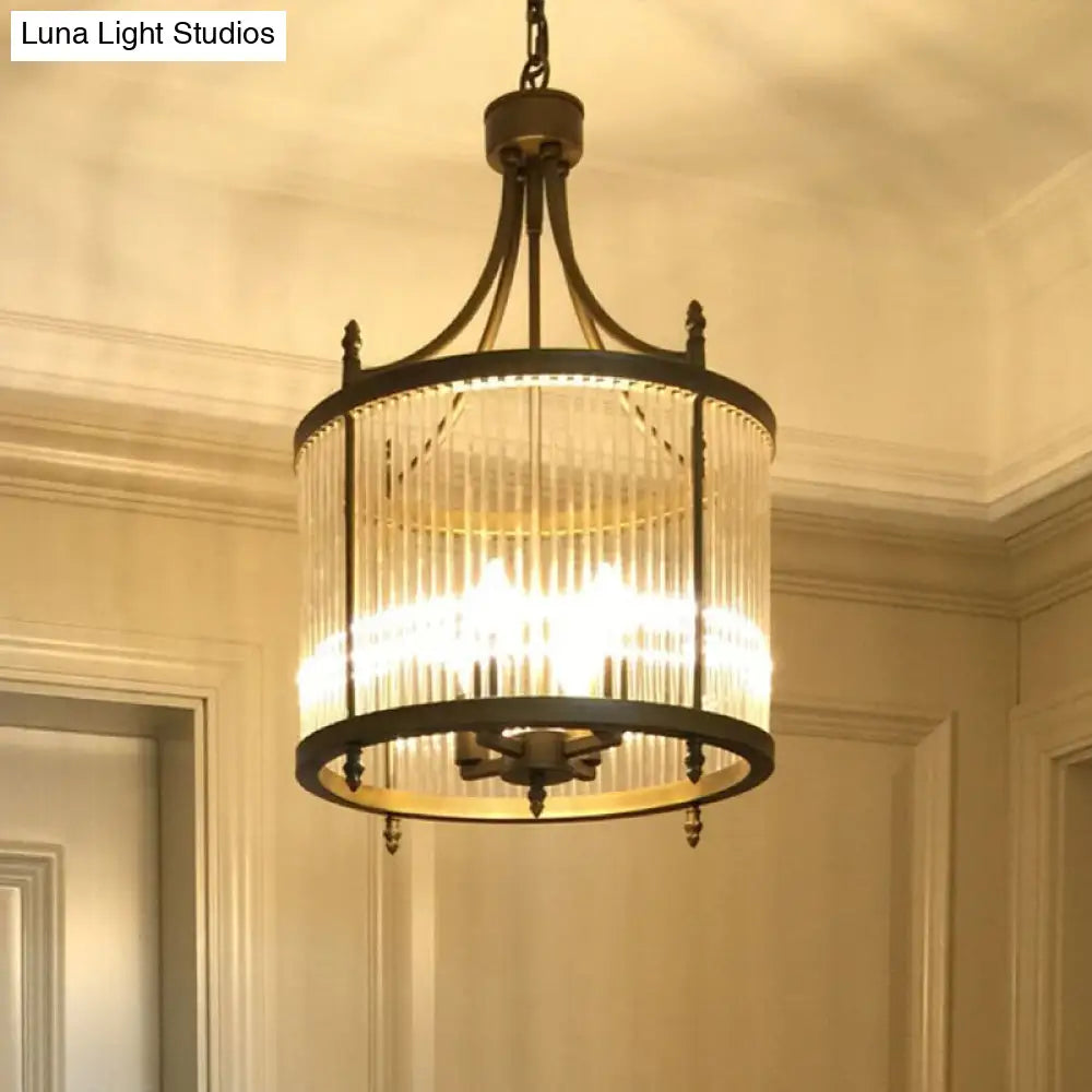 Chinese Style Black Mesh Corridor Chandelier: Round Crystal Light With 4 Lights