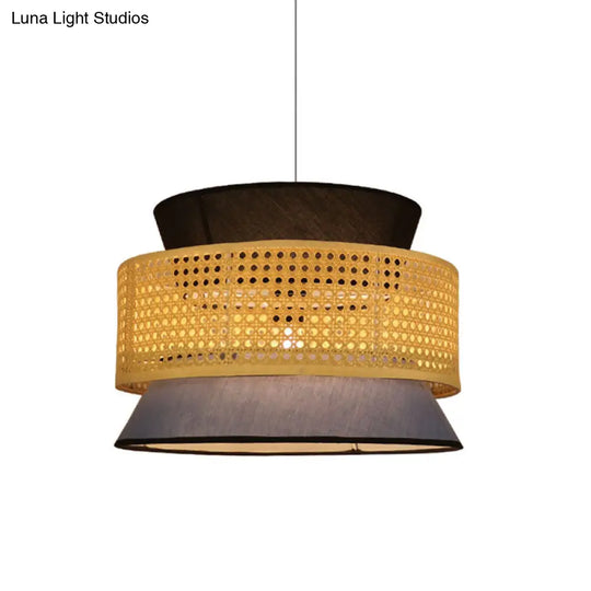 Mesh Screen Asian Hourglass Pendant Lamp: Bamboo Ceiling Light For Dining Room In Beige