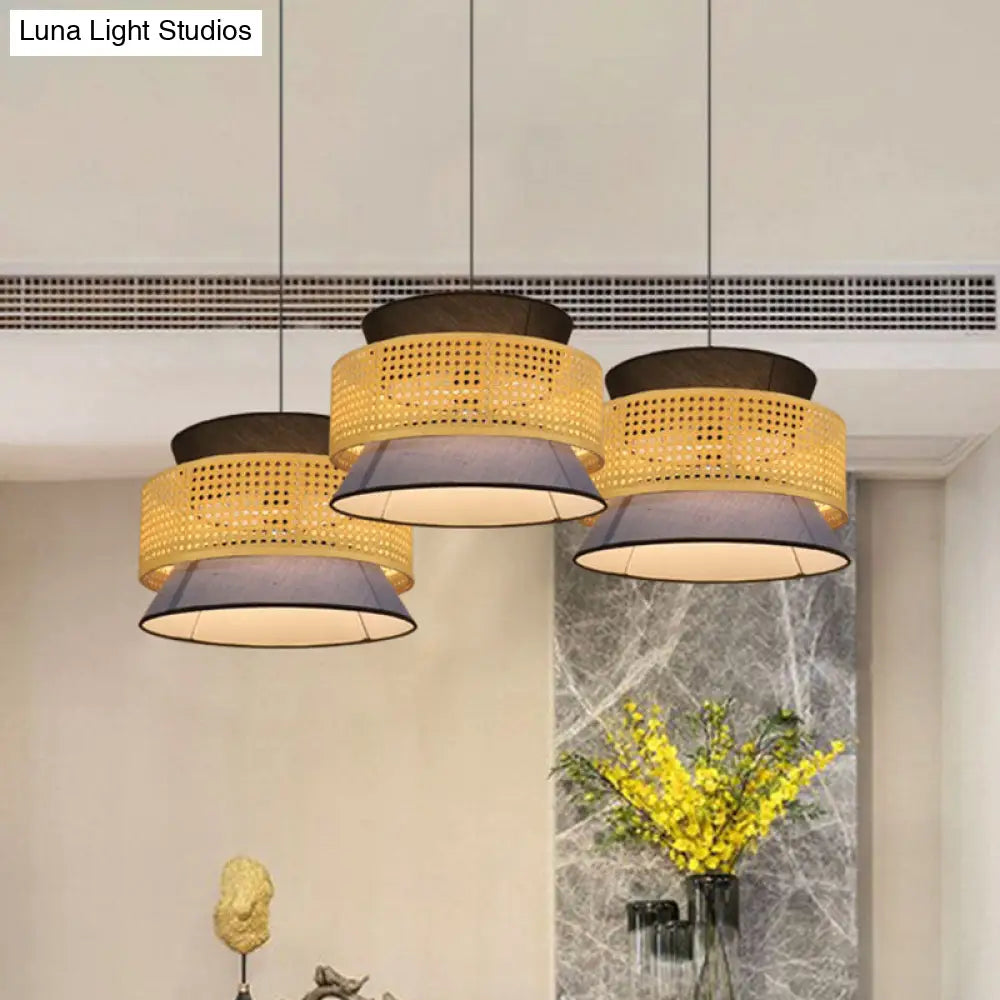 Mesh Screen Asian Hourglass Pendant Lamp: Bamboo Ceiling Light For Dining Room In Beige