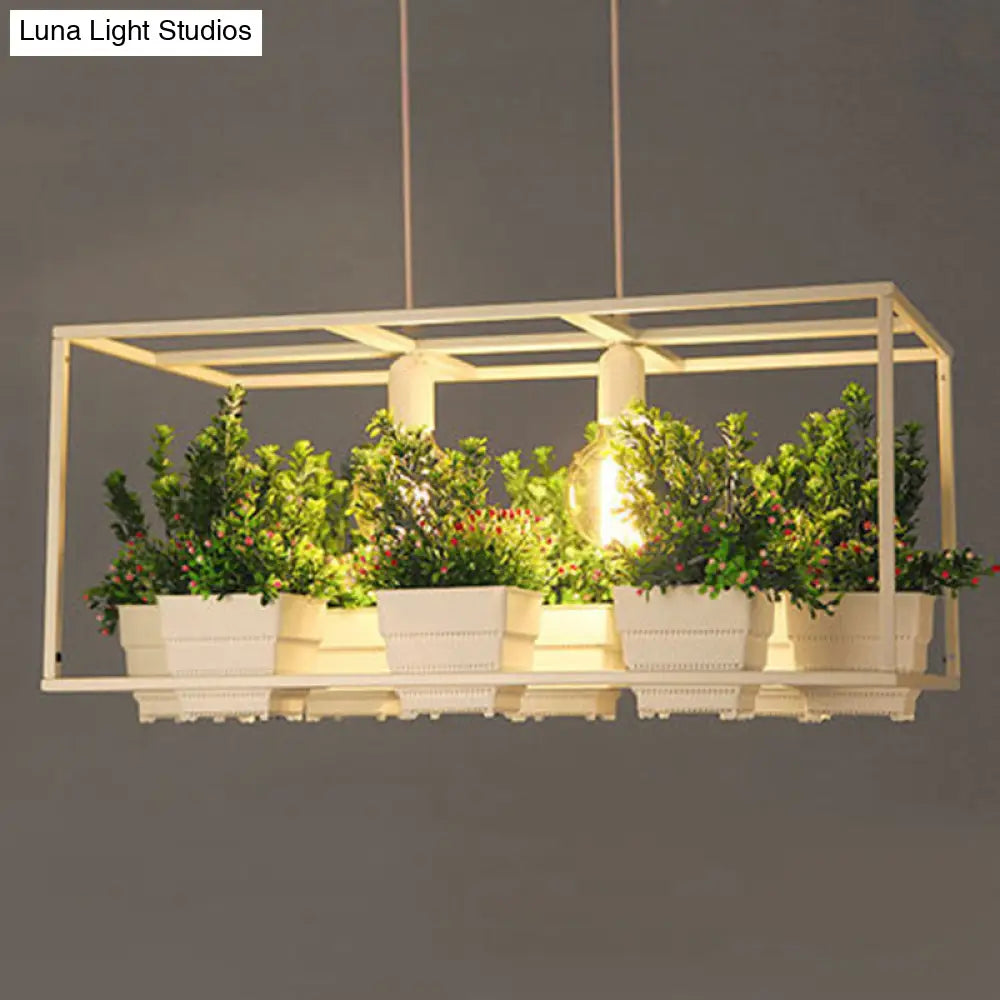 Metal 2-Head Rectangle Pendant Light Fixture For Restaurants With Hanging Artificial Bonsai