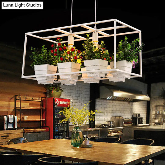 Metal 2-Head Rectangle Pendant Light Fixture For Restaurants With Hanging Artificial Bonsai