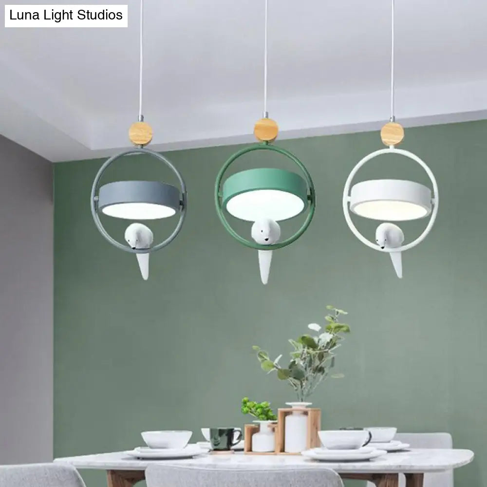 Metal 3-Bulb Ring Dining Room Ceiling Lamp With Bird Decor In Gray-Green