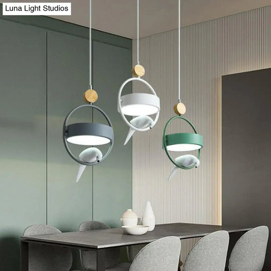 Metal 3-Bulb Ring Dining Room Ceiling Lamp With Bird Decor In Gray-Green