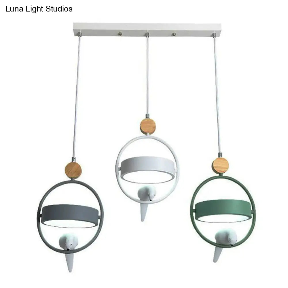 Metal 3-Bulb Ring Dining Room Ceiling Lamp With Bird Decor In Gray-Green