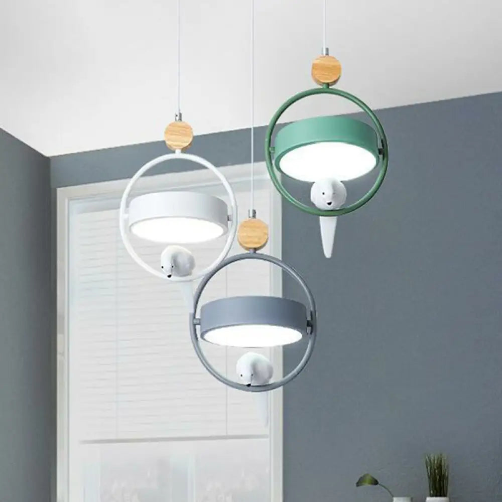 Metal 3-Bulb Ring Dining Room Ceiling Lamp With Bird Decor In Gray-Green / Round