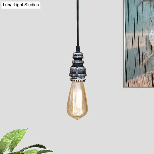 Industrial Open Bulb Ceiling Fixture With Adjustable Metal Head And Pipe - Black/Silver