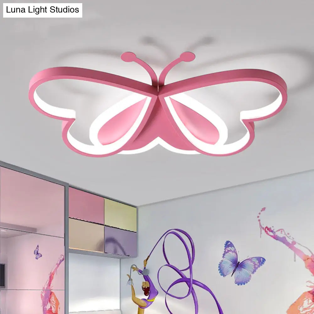 Metal And Acrylic Butterfly Led Flushmount Lamp For Childrens Room In Blue/Pink