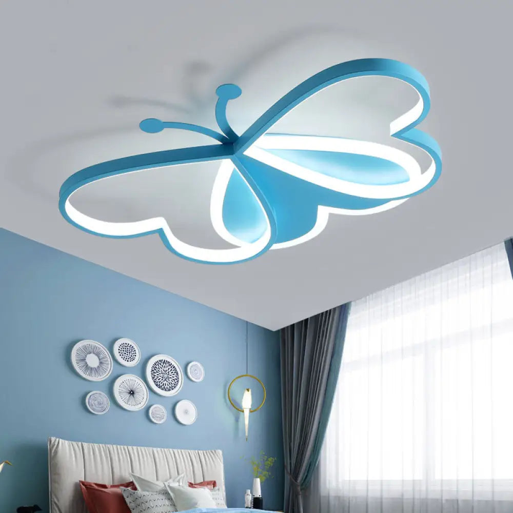 Metal And Acrylic Butterfly Led Flushmount Lamp For Children’s Room In Blue/Pink Blue